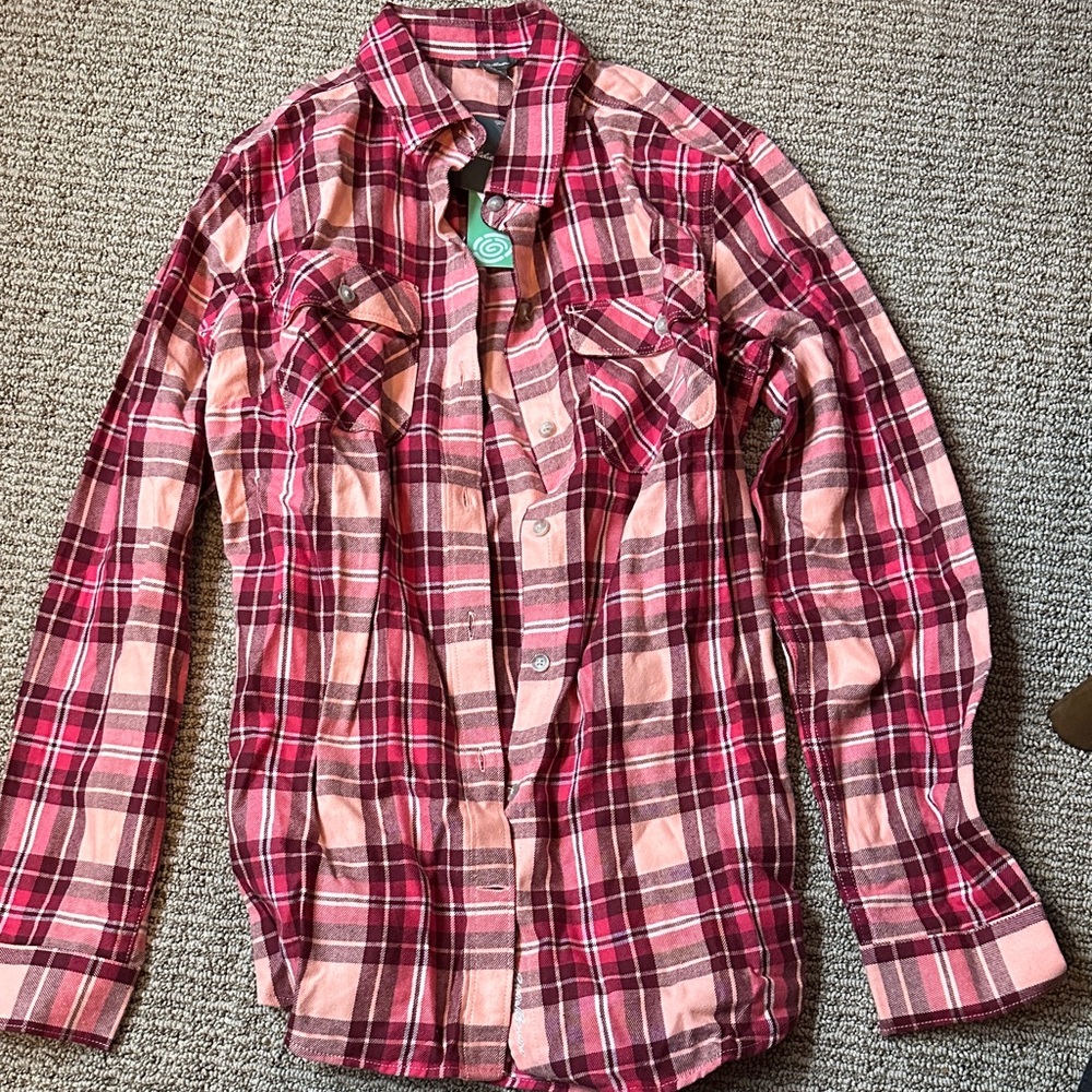 Eddie Bauer Burgundy and Coral Plaid Shirt
